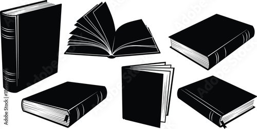 Stylized book silhouettes, black white design, open closed books, graphic layout, educational theme, literary concept, modern minimalist illustration