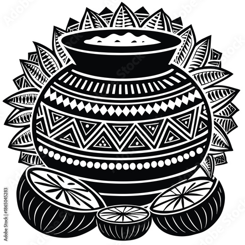 Vintage black and white cartoon illustration of a ceramic porcelain crown with traditional china patterns and antique clay pottery design ornaments