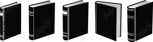 Black book silhouettes, upright closed books, spine detail, minimalist graphic design, literary theme, educational concept, modern layout, icon style