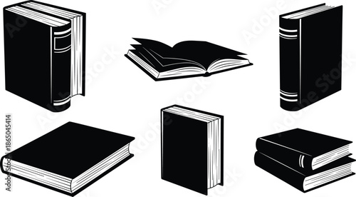 Book silhouette illustration, black white design, open closed books, stacked layout, spine detail, minimalist graphic, educational theme, literary concept