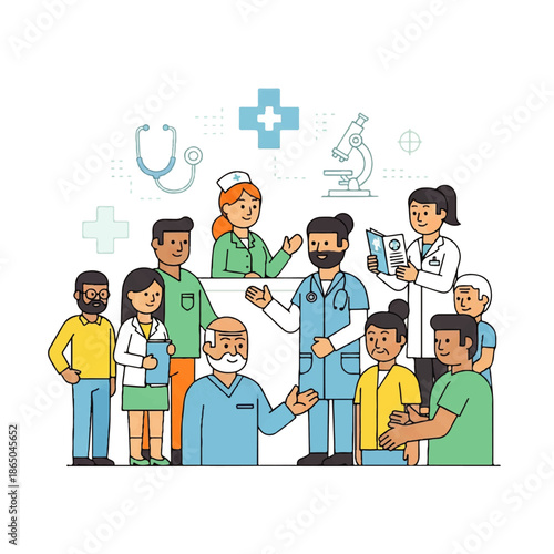 Flat design illustration of a diverse group of medical professionals standing together in a vector graphic with a clean white background and various medical symbols.