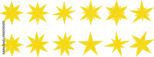 Hand drawn yellow star shapes collection vector illustration isolated on white background for decoration rating and design use
