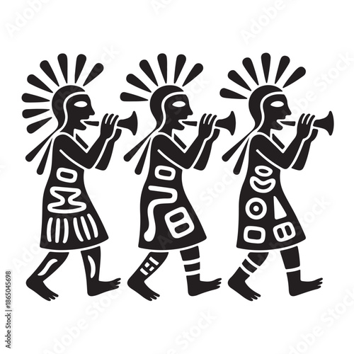 Three musicians playing trumpets ancient tribal people silhouette vector illustration folk music performers with traditional headdresses isolated on white