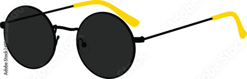 Modern round sunglasses vector illustration with black lenses and yellow temples isolated on white background for fashion design