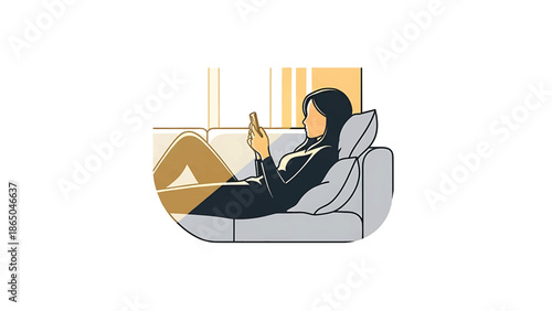 A woman lounges on a couch, engrossed in her phone. Light streams through a window, illuminating the scene. The illustration uses a minimalist style