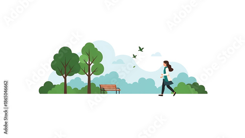 A woman is walking in a park with trees, bench, clouds, and birds in a minimalist illustration, designed with flat graphics
