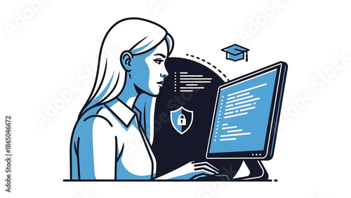 A woman is shown working at a computer with code displayed on the screen. A graduate cap is visible. A shield with a lock is centered