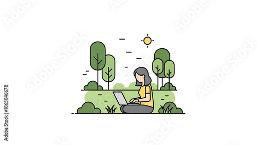 A woman is sitting cross-legged in a grassy area, working on a laptop. Trees and bushes create a scenic background. A sun shines above
