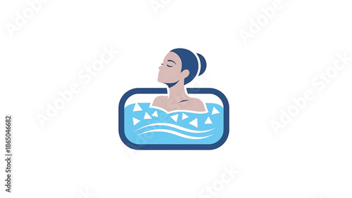A woman is shown relaxing in a tub filled with water, surrounded by an outlined rectangular shape and a white background