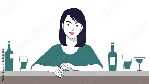 A woman is shown leaning on a counter, with bottles and glasses on it. She has short black hair, is wearing a teal shirt, and has pink earrings