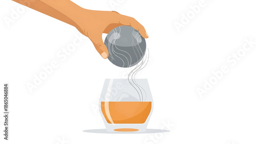 An illustration depicts a hand holding a grey sphere over a glass filled with a light orange liquid. Smoke trails down. The background is white