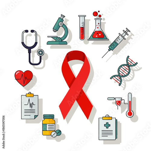 A vibrant red awareness ribbon surrounded by medical icons in a flat design illustration vector, conveying health and wellness on a clean white background with a bold and informative style.
