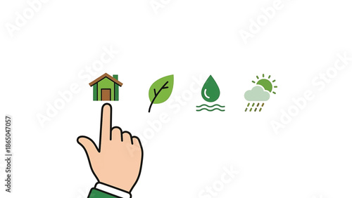 An illustration depicts a hand selecting a house icon. Adjacent are leaf, water drop, and weather icons, hinting at ecological or environmental themes
