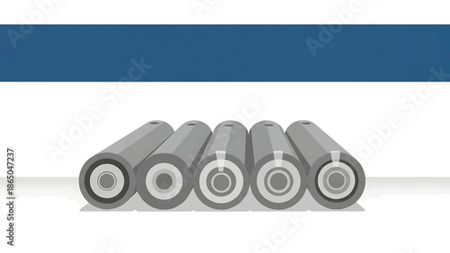An illustration depicts a horizontal composition with five cylindrical objects aligned. Above the objects is a blue rectangular shape. The background is white
