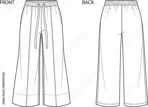 Wide leg pants technical fashion flat sketch front and back view elastic waistband garment design illustration apparel production template vector blueprint tailoring manufacturing pattern