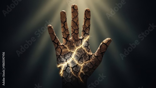 Glowing cracked hand with radiant light emanating from the center.