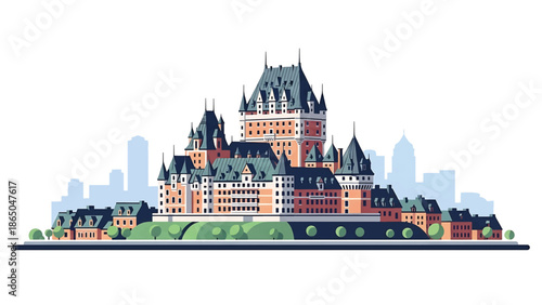 An illustration depicts a large, ornate building with many towers and turrets, set against a backdrop of a city skyline