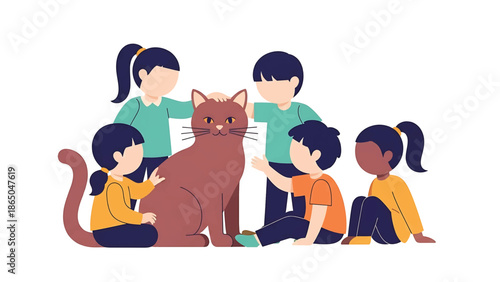 An illustration depicts a large brown cat surrounded by five diverse children. They are interacting with the cat, seemingly petting it, on a white background