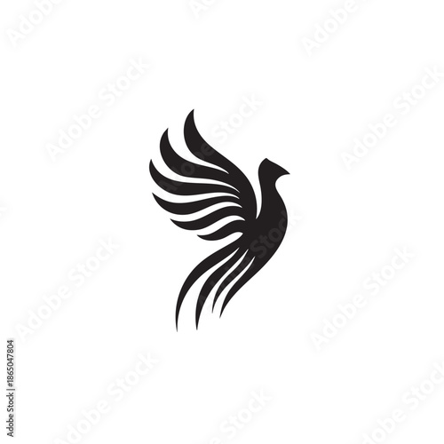 Stylized silhouette graphic represents a bird taking flight with dramatically curved wings