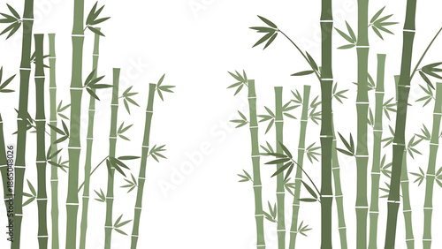 An illustration depicting bamboo stalks and leaves in varying shades of green, arranged against a white backdrop. The composition is simplified