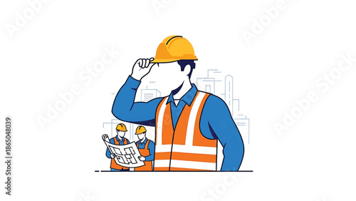 An illustration depicting construction workers on a project. One man is tipping his hat, while others review plans, all with a city in background