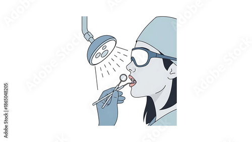 An illustrated depiction of a dental checkup. A doctor examines a patient's teeth under a showerhead. The doctor wears glasses