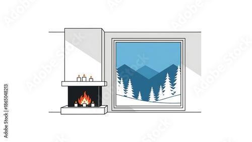 An illustrated depiction of a cozy scene with a fireplace, lit candles, and a winter view through a window, simple lines