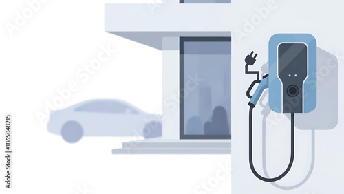 An illustration depicting a modern residence with a charging station for an electric car. The car is parked near the structure