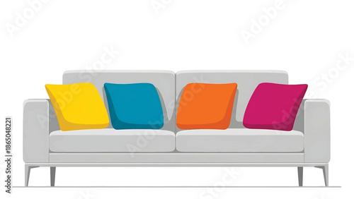 An illustration depicting a modern sofa with four colorful pillows arranged across its length, set against a white background
