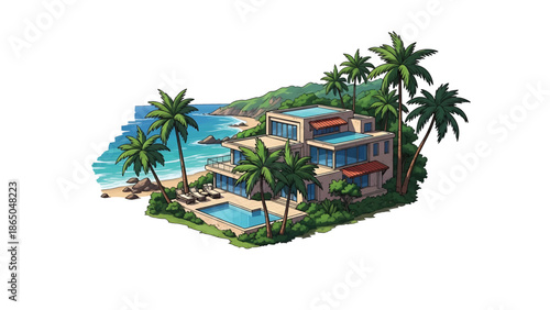 An illustration depicting a modern multi-level seaside villa, surrounded by tropical foliage, overlooking the ocean and beach