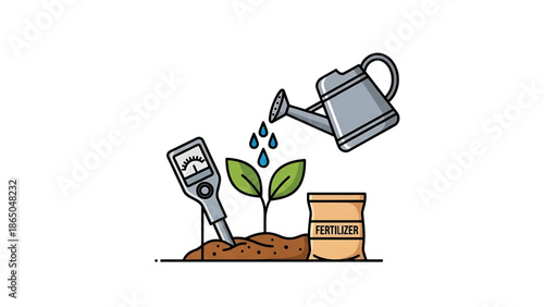 An illustration depicting gardening. A small plant gets watered. Fertilizer and a soil tester are present