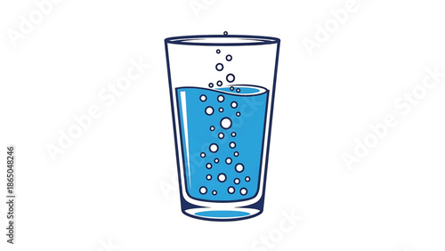 An illustrated depiction of a glass of refreshing, sparkling beverage. The drink is a bright blue color and contains bubbles. The glass is depicted with dark outlines