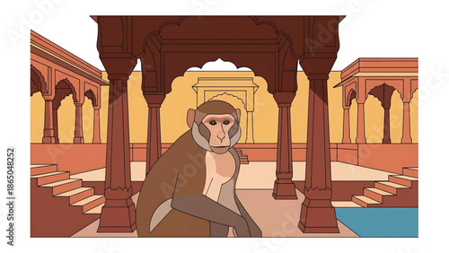 An illustration depicting a monkey sitting in a courtyard. The architecture is a warm, earthy tone, with arched structures and steps. A pool of water