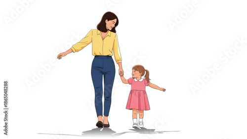 An illustration depicting a mother and daughter, hand in hand, walking together. The mother is smiling, wearing a yellow shirt and blue jeans. The girl wears a pink dress