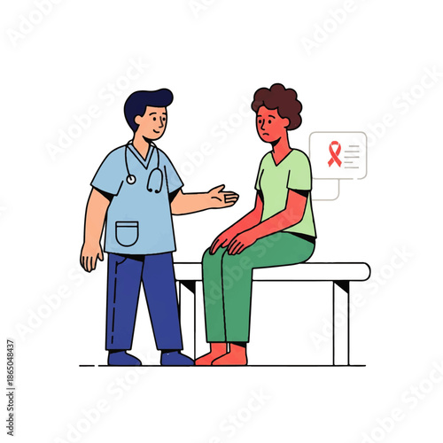 A doctor in blue scrubs discusses health with a patient sitting on an examination table in a flat design illustration vector with a simple white background.