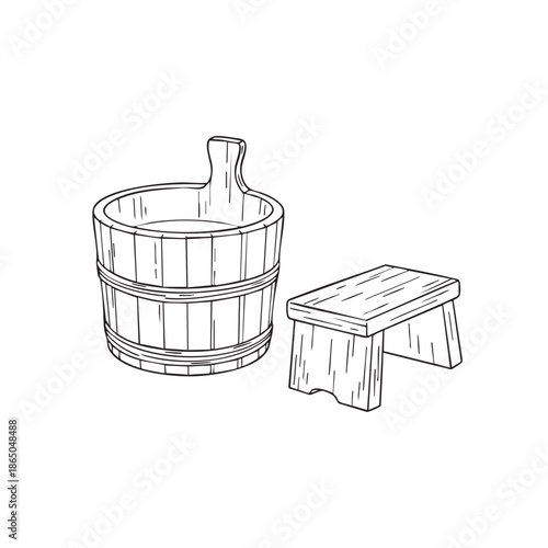 Minimalist line art sketch of a traditional Japanese bath bucket and wooden stool, onsen spa concept