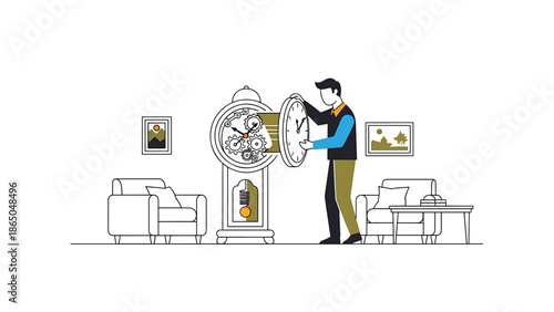 An illustration depicting a person adjusting a grandfather clock in a minimalist living room setting with artwork on the walls