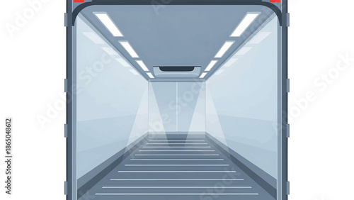An illustration depicting the interior of a futuristic, metallic corridor. Lit by overhead lights and illuminated from the distance, with linear pathways