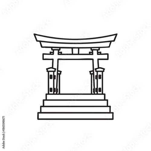 Detailed line art illustration of a large Torii gate standing atop temple stairs, Japanese Shinto architecture