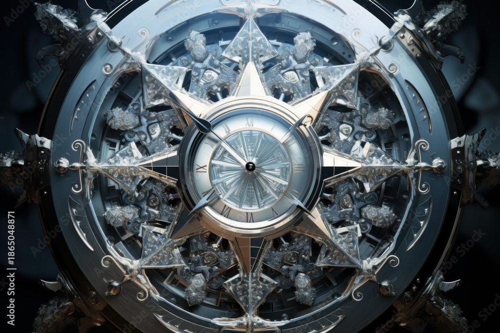 Fototapeta premium Intricate metal compass and clock mechanism combining elements of time and direction