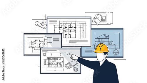 An illustration depicting a person in a hard hat pointing at a series of blueprints, possibly architectural or engineering