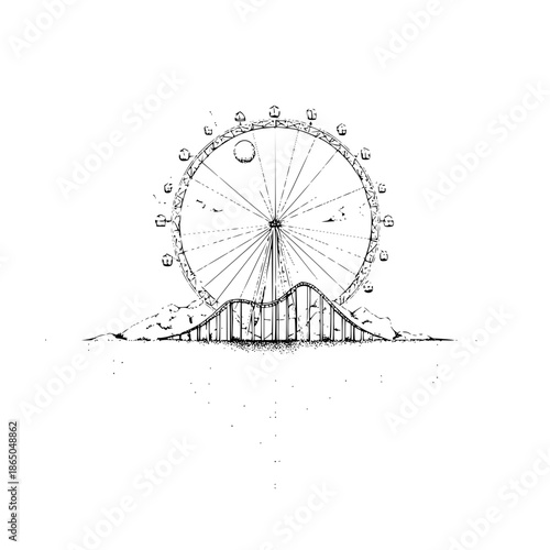 Illustration of a ferris wheel and roller coaster in black and white on a white background in a simple style