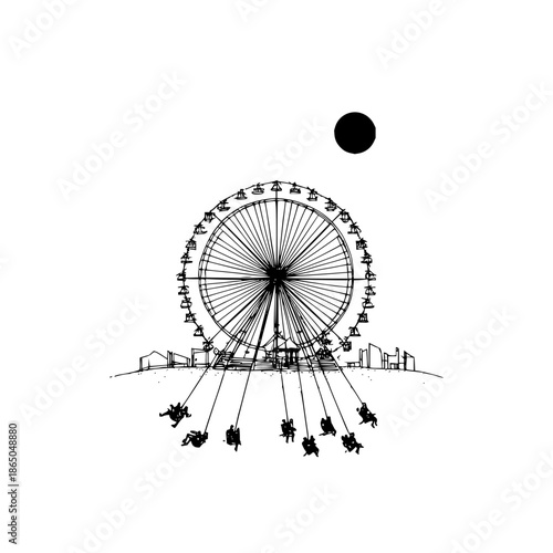 Illustration of a ferris wheel and swing ride with riders under a black circle on a white background