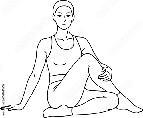 Minimalist line art drawing illustrates a woman gracefully holding a seated spinal twist yoga pose demonstrating physical fitness and mindful stretching routines for back health improvement.