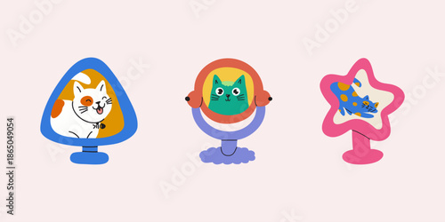 Cute cats looking in mirrors. Funny cartoon illustration set.