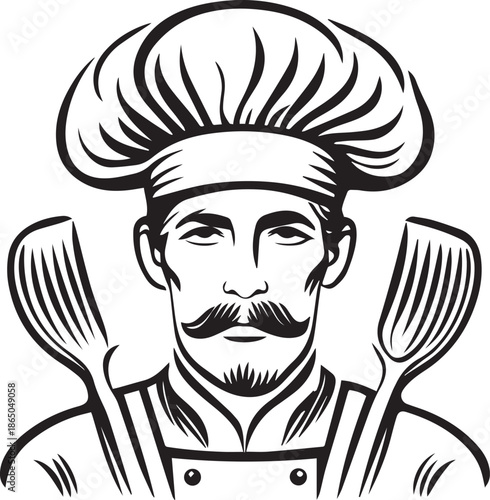 Vector illustration of a cartoon chef character wearing a white hat and uniform holding a fork and knife for a restaurant kitchen design icon or cooking profession symbol