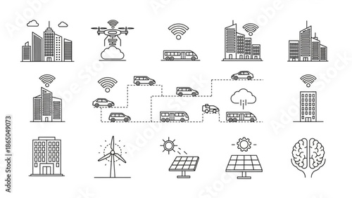 Sustainable city infrastructure icons with renewable energy and transportation systems