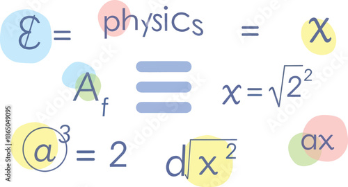 Educational Illustration of Physics Concepts and Mathematical Equations with Color Highlights