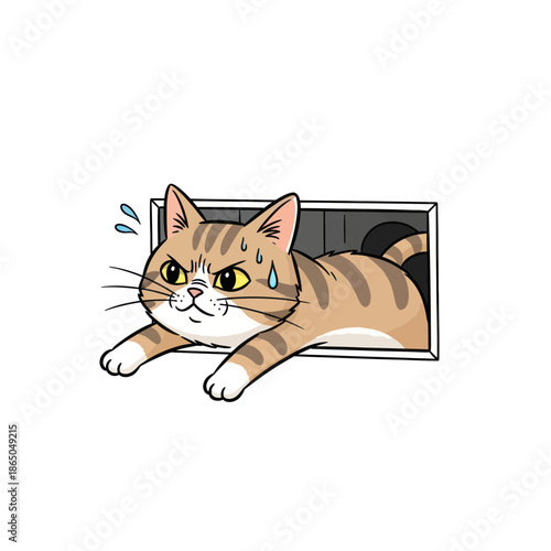 Cartoon Cat Stuck in a Tight Space with Anxious Expression.