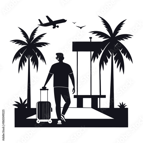 Man silhouette vacation arrival with suitcase airplane and palms silhouette background holiday travel relaxation summer destination caribbean vacation trip